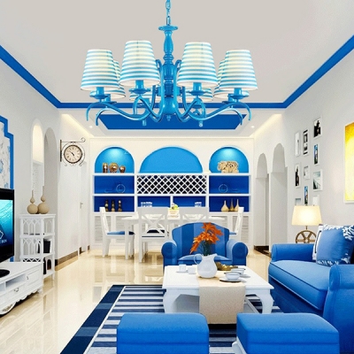 Blue/White Tapered Shade Chandelier 8 Lights Mediterranean Style Metal Suspension Light for Living Room