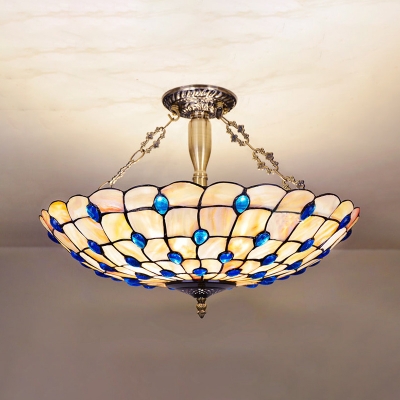 Bowl Shade Restaurant Hanging Light with Blue Beads Glass Antique Style Chandelier in Beige
