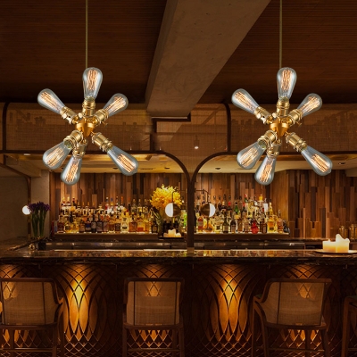 Brass Starburst Shaped Pendant Light 6 Lights Metal Chandelier Light for Dining Room