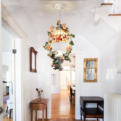 Cafe Floral Theme Pendant Light Glass 1 Light Rustic Style Ceiling Lamp with Pigeon & Plant