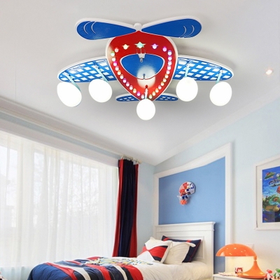 Cartoon Airplane Bedroom Semi Flush Ceiling Light Wood 3/5 Lights Lovely Ceiling Fixture with White Lighting