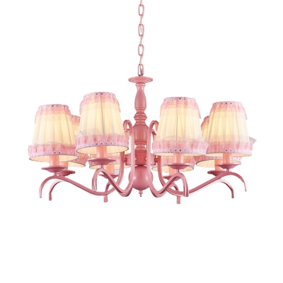 Child Bedroom Tapered Shade Chandelier with Lace Decoration Metal Fabric 8 Lights Pink Pendant Light