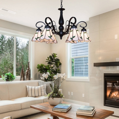 Cone Living Room Chandelier Glass 6 Lights Rustic Style Pendant Lighting in White for Living Room