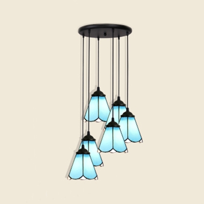 Cone Shade Hotel Suspension Light Glass 4/5/6 Lights Tiffany Simple Style Pendant Light in Blue/White