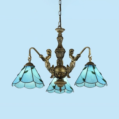 Cone Shop Hotel Hanging Light with Mermaid Glass 3/5 Lights Tiffany Style Chandelier in Blue