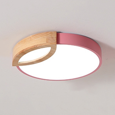 Contemporary Black/Pink Ceiling Mount Light Round Shade Wood LED Ceiling Lamp in Warm/White for Bedroom