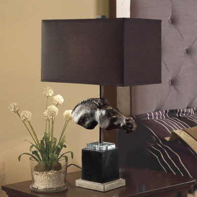 Contemporary Black Table Lamp Rectangle 1 Light Fabric Desk Light with Horse Head for Hotel