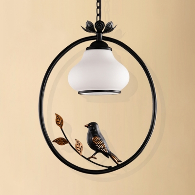 Curved Shade Living Room Suspension Light Metal 1 Light American Rustic Pendant Lamp with Bird