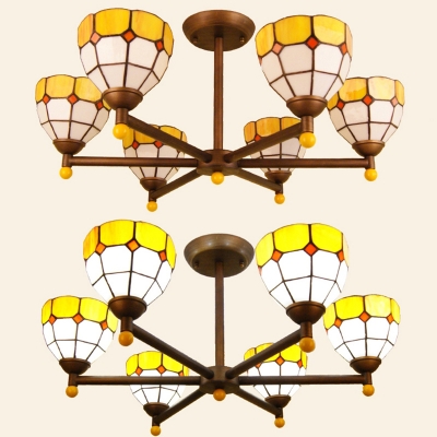 Dining Rom Dome Shade Chandelier Glass 6 Lights Tiffany Style Blue/Orange/Yellow Hanging Lamp