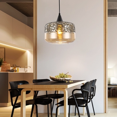 Dining Room Drum Shape Hanging Light Clear Glass 1 Light Traditional Ceiling Light