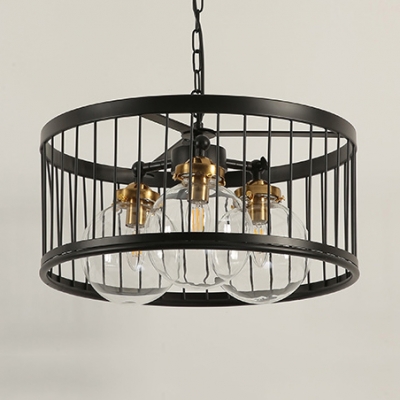 Dining Room Orb Shade Pendant Lamp with Wire Frame Metal 3/5 Lights Traditional Black Chandelier
