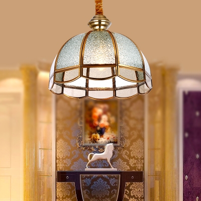 Elegant Style Dome Pendant Light Hammered Glass 1 Light Brass Hanging Light for Living Room