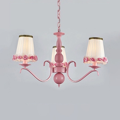 Fabric Tapered Shade Chandelier Bedroom Hotel 3/5/6 Lights Rustic Style Suspension Light in Pink