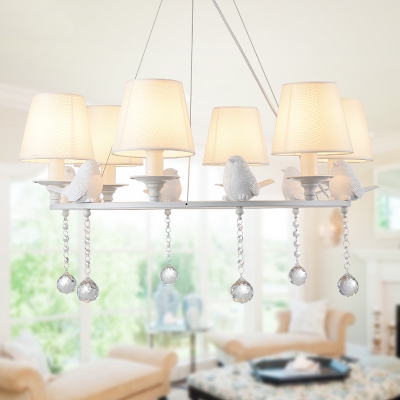Fabric Tapered Shade Chandelier with Bird & Crystal 3/6/8 Lights Traditional Suspension Light in White