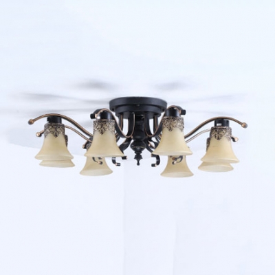 Frosted Glass Bell Shade Light Fixture 3/6/8 Lights Antique Style Semi Flush Ceiling Light in Black for Hotel