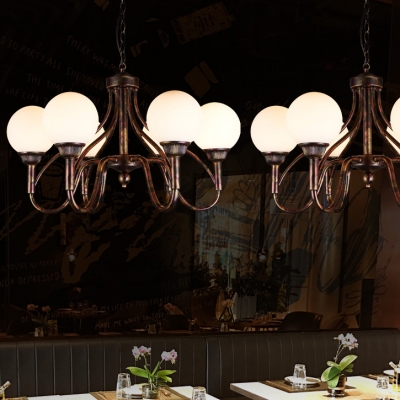 Frosted Glass Globe Chandelier 6 Lights Industrial Pendant Light in White for Bar Restaurant