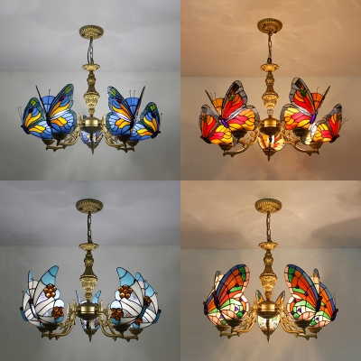 Glass Butterfly Pendant Light 5 Lights Tiffany Style Rustic Blue/Colorful/Red/White Chandelier
