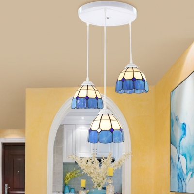 Glass Grid Bowl Pendant Lighting 3 Lights Tiffany Antique Ceiling Pendant for Dining Room