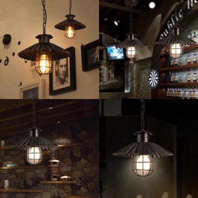 Industrial Scalloped Edge Pendant Light with Wire Frame 1 Light Brown Pendant Lamp for Bar Cafe