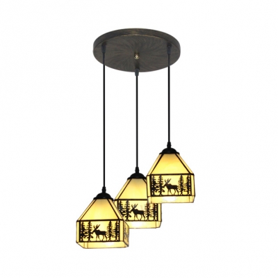 House Dining Table Hanging Light with Deer Glass 3 Lights Rustic Style Island Lamp in Black & White
