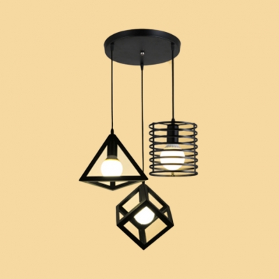 Industrial Linear/Round Canopy Pendant Light 3 Lights Metal Hanging Light in Black for Cafe