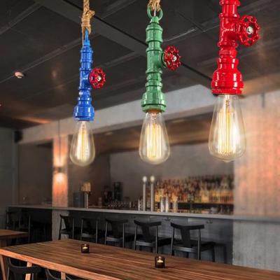 Iron Water Pipe Pendant Light Cafe One Light Retro Loft Suspension Light in Blue/Green/Red
