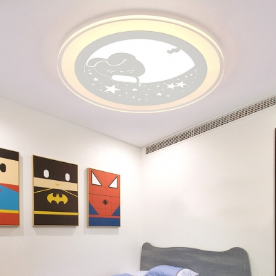 Kids White LED Flush Mount Light Rabbit Moon Metal Ceiling Lamp in Warm/White for Girl Bedroom