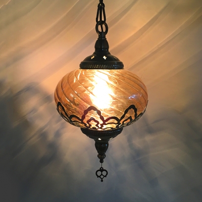 Lantern Shape Cafe Hanging Light Swirl Glass One Head Moroccan Style Pendant Light in Amber