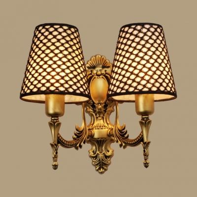 Lattice Tapered Shade Wall Lamp 1/2 Lights Vintage Style Metal Carved Sconce Lamp for Hallway