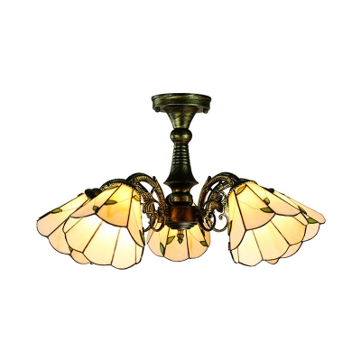 Leaf/Peacock Tail/Flower Semi Ceiling Mount Light Tiffany Style Glass 5 Heads Ceiling Light for Bedroom
