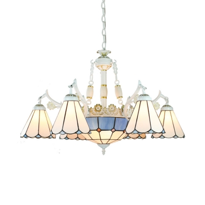 Living Room Cone Dome Chandelier Glass 9 Lights Mediterranean Style Blue Hanging Light