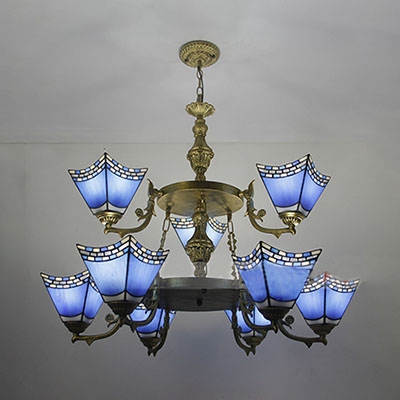 Living Room Cone Pendant Light Glass 2-Tier 9 Lights Mediterranean Style Blue Chandelier