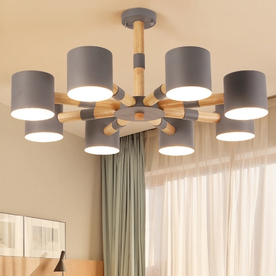 Living Room Cylinder Pendant Light Metal 8 Lights Modern Macaron Black/White/Gray Chandelier