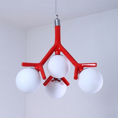 Macaron Loft Globe Chandelier 4 Heads Milk Glass Pendant Light in Black/Red/White for Kid Bedroom