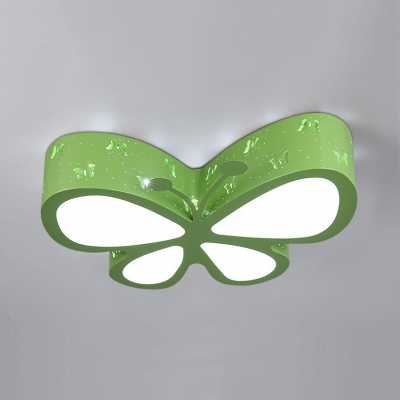 Metal Butterfly LED Ceiling Lamp Child Bedroom Cartoon Flush Mount Light in Green/Pink/White