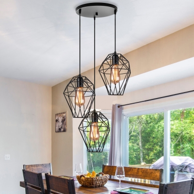 Metal Cage Ceiling Pendant with Linear/Round Canopy 3 Lights Antique Hanging Light in Black for Bar