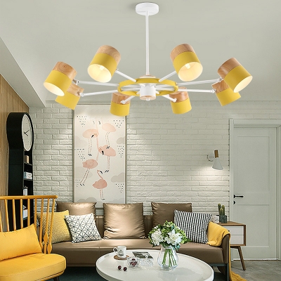 Metal Drum Shade Pendant Lamp Living Room 6/8 Lights Contemporary Hanging Light in Green/Pink/Yellow