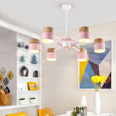 Metal Drum Shade Pendant Lamp Living Room 6/8 Lights Contemporary Hanging Light in Green/Pink/Yellow