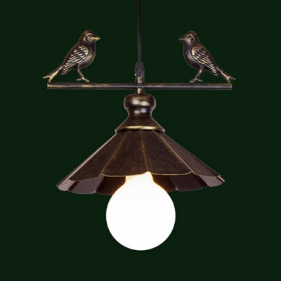 Metal Scalloped Edge Hanging Light with Bird One Head Antique Style Pendant Lamp in Rust for Balcony