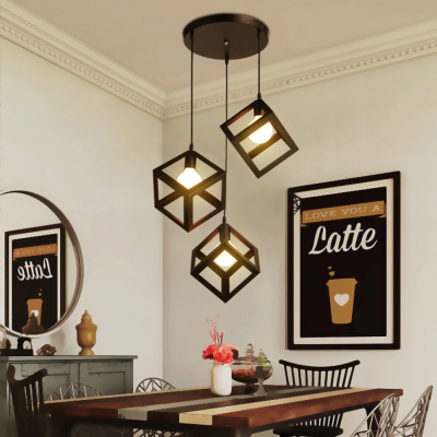 Metal Square Cage Ceiling Light Dining Room Kitchen 3 Lights Industrial Hanging Light
