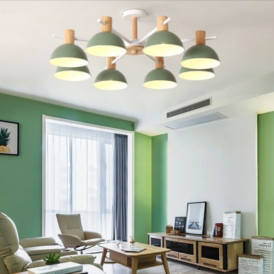 Modern Dome Chandelier Wood 8 Lights Pink/Green/White Hanging Light for Living Room