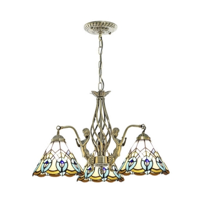 Peacock Tail Bedroom Chandelier with Mermaid Stained Glass 3 Lights Antique Style Pendant Lamp