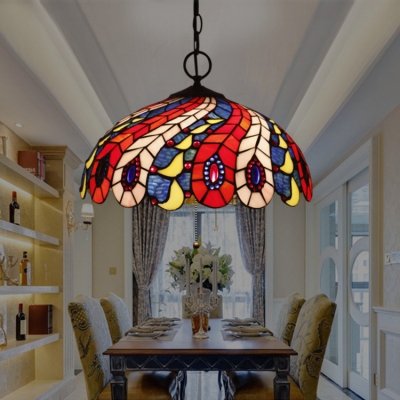 Restaurant Bloom/Peacock Tail Hanging Light Stained Glass 16 Inch Rustic Style Pendant Light