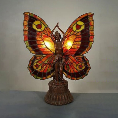 Restaurant Fairy Desk Light with Butterfly Wing Stained Glass Resin Green/Orange Table Light