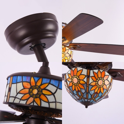 Restaurant Sunflower Semi Ceiling Mount Light Stained Glass Rustic Remote Control Ceiling Fan