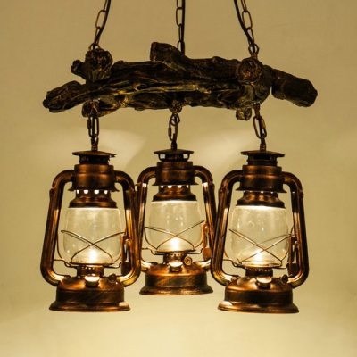 Rustic Aged Brass/Copper Chandelier with Branch 3 Lights Glass Kerosene Hanging Light for Bar Cafe