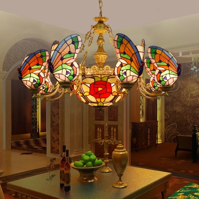 Rustic Style Butterfly Chandelier with Butterfly 7 Lights Stained Glass Pendant Light for Bedroom