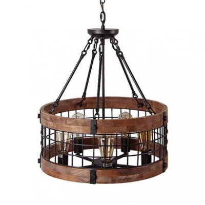 Rustic Style Drum Pendant Light with Wire Frame Wood 5 Lights Brown Chandelier for Cottage