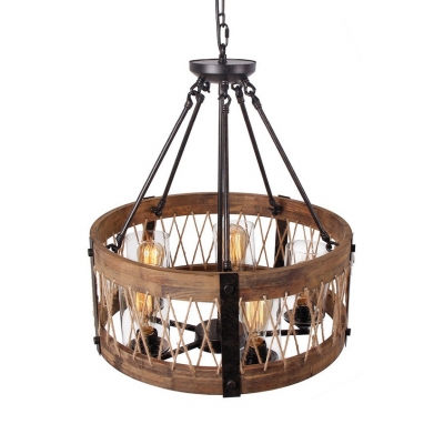 Rustic Style Drum Shade Chandelier 5 Lights Wood Metal Suspension Light in Brown for Cottage