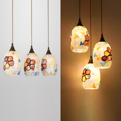 Rustic Style Flower Pendant Lamp with Oval Shade 3 Lights Stained Glass Hanging Light for Villa